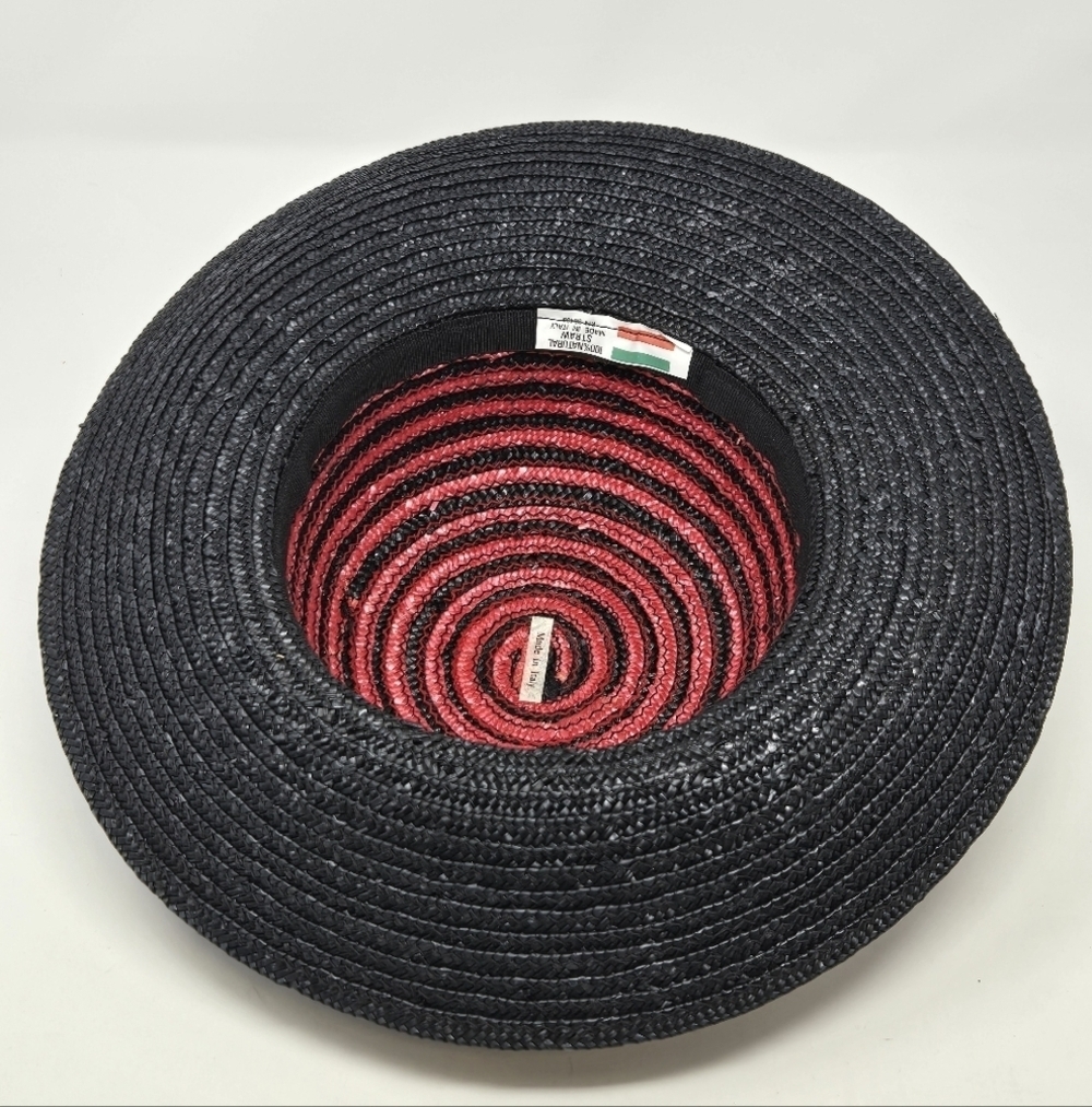 VINTAGE 100% NATURAL STRAW WOVEN HAT BLACK & RED SWIRL ITALY WOMEN OS WHIMSIGOTH - Picture 10 of 13